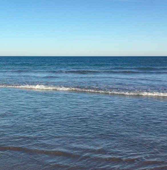 An image of the sea and the horizon line. The sea takes up the bottom two thirds of the image, and is a denim–like blue in contrast to the light blue of the sky. The colour along the horizon line fades to be almost white. Across the center of the image a small wave begins to break. The sea is calm, waves lapping gently.