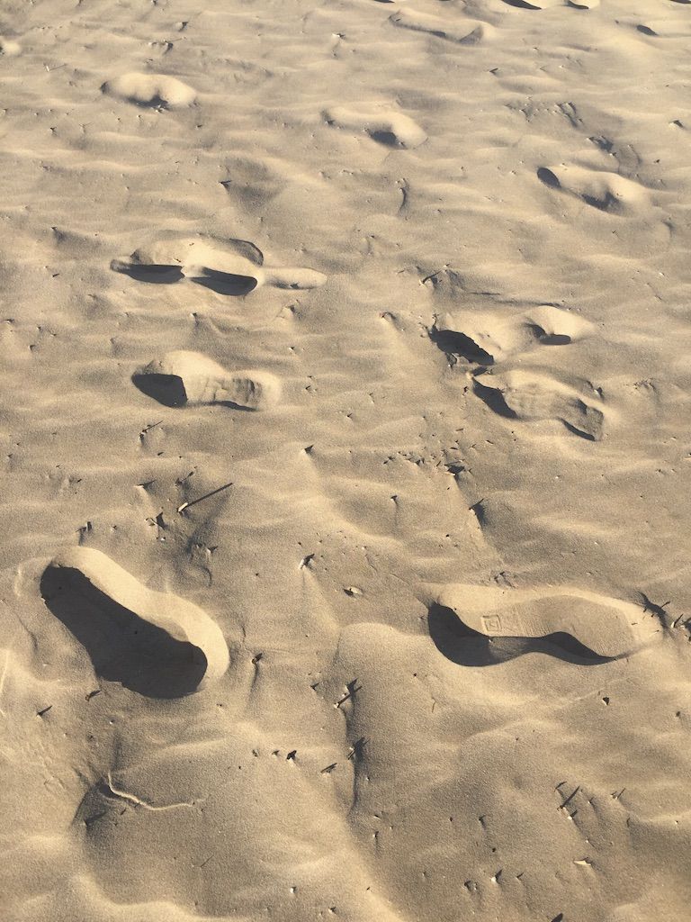 A collection of footsteps left in the sand on a beach. The footsteps have been left by multiple people going in multiple directions, demonstrated by the different tread marks left by the shoes.
